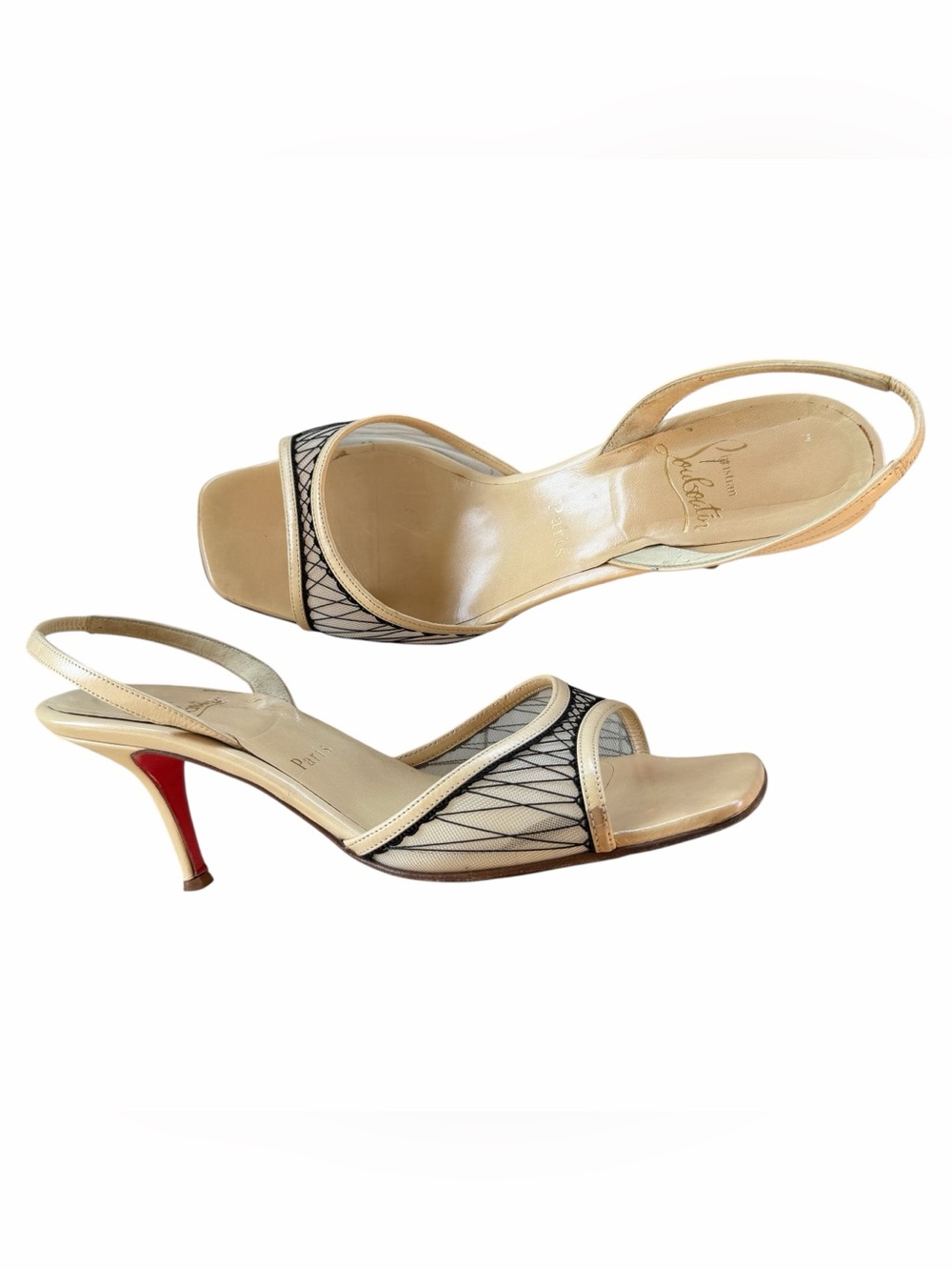 Christian Louboutin Beige and Black Mesh Slingback Sandals - Picture 10 of 15